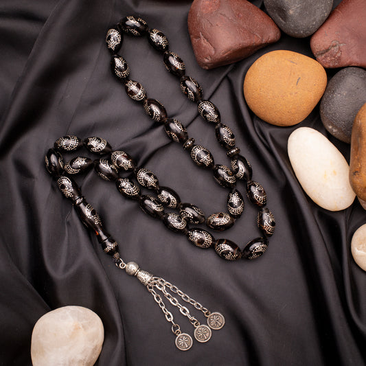 Rosary of Black Coral (Yusr) With Sliver 33 Beads (Code: RYW03)