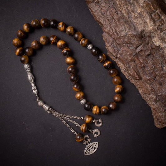 Rosary Of Natural Gemstone Tiger's Eye with Metal Tassel 33 Beads (Code:RAS13)