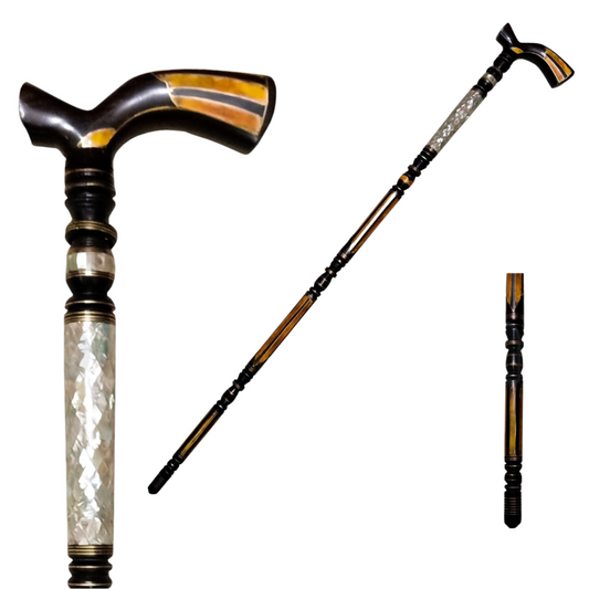 Walking Cane Ebony Wood with Shell & Stones (Code: MB111)
