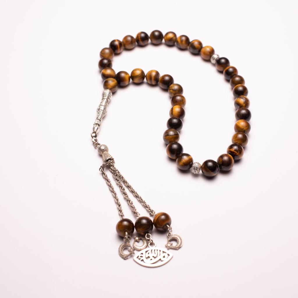 Rosary Of Natural Gemstone Tiger's Eye with Metal Tassel 33 Beads (Code:RAS13)