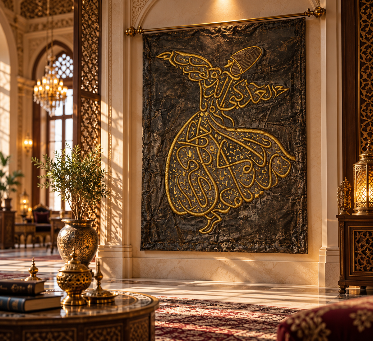 Ottoman Whirling Dervish Calligraphy Wall Art – Handmade Silk Embroidery