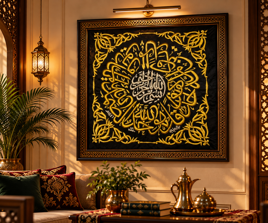 Authentic Kaaba Cloth Wall Hanging – Meccan Design with Silver-Plated Copper Thr