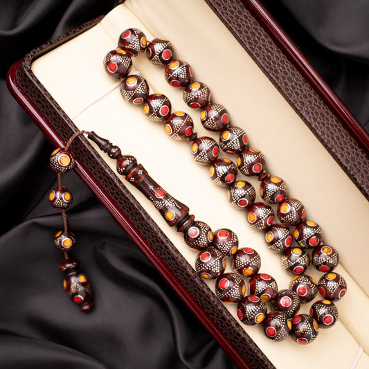 Rosary of Natural Coc Wood with Silver & Stones 33 Beads (Code: RCP03)