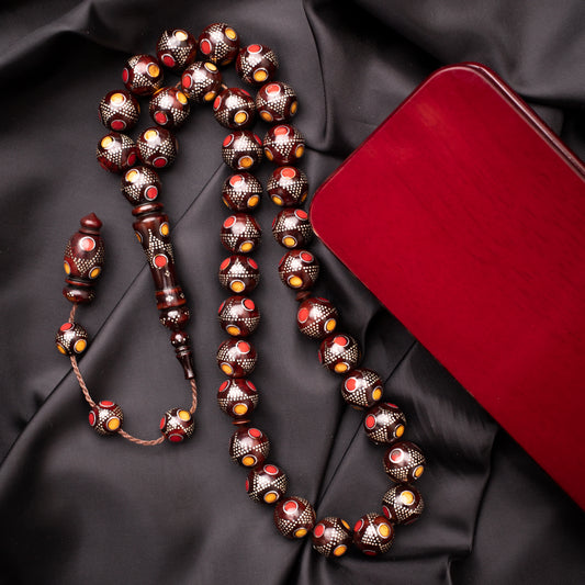 Rosary of Natural Coc Wood with Silver & Stones 33 Beads (Code: RCP03)