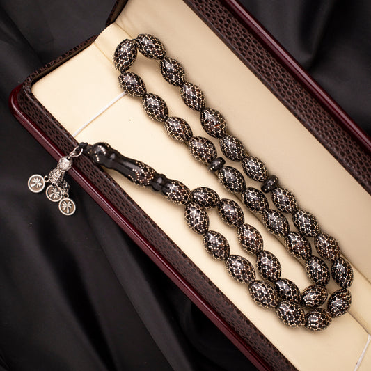 Rosary of Black Coral (Yusr) With Sliver 33 Beads (Code: RYW04)