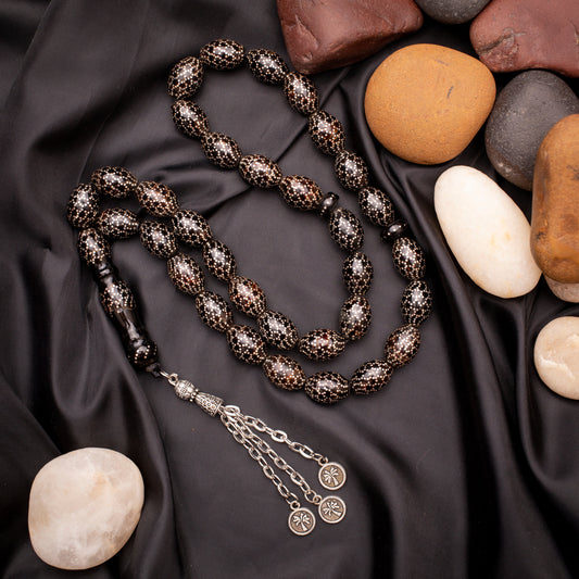 Rosary of Black Coral (Yusr) With Sliver 33 Beads (Code: RYW04)