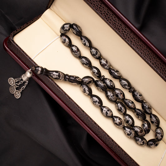 Rosary of Black Coral (Yusr) With Sliver 33 Beads (Code: RYW03)