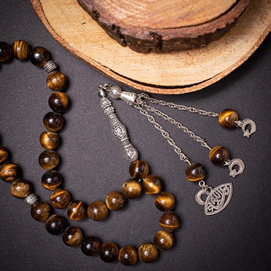 Rosary Of Natural Gemstone Tiger's Eye with Metal Tassel 33 Beads (Code:RAS13)